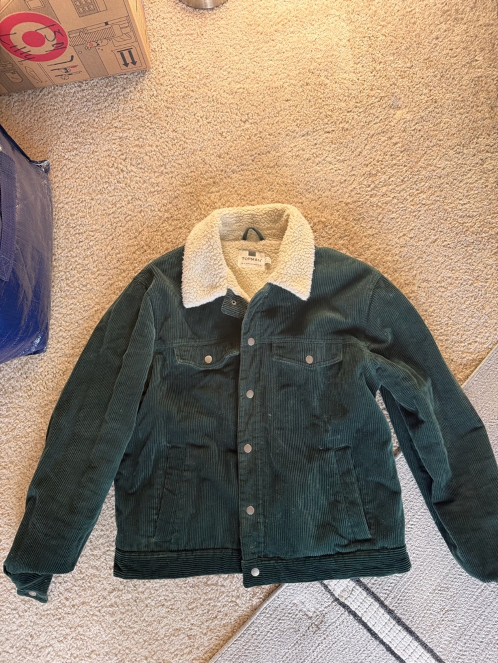 Topman Dark Green Corduroy Jacket with Cream Sherpa Collar